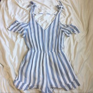 Light Blue & White Cold Shoulder Romper